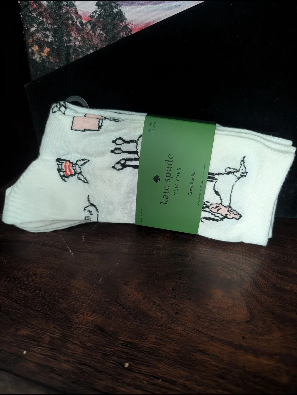 NWOT kate spade White Crew Socks with Playful Pet and Mug Graphics